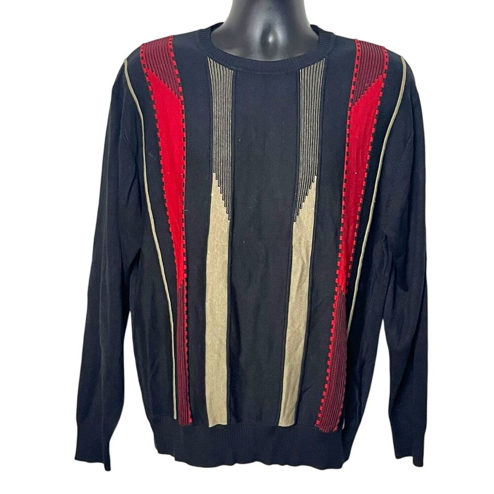 VINTAGE 90s Y2K MENS FX FUSION GRANDPA DAD SWEATER RED BLACK BEIGE STRIPE VGUC M